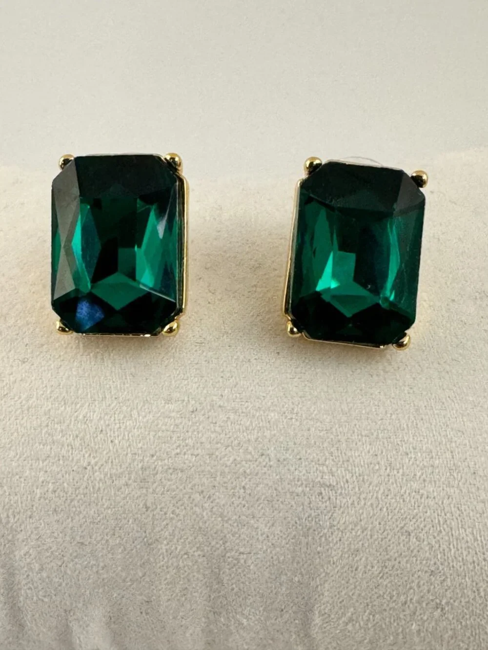 J.Crew Emerald Green Crystal Emerald Cut Stud Earrings Gold Bezel Statement